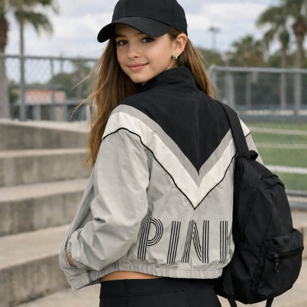 Pink Victoria Secret XS Black and Gray Chevron Lightweight Windbreaker Jacket